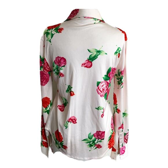 Floral Dress Shirt Button Up Cream Rose All Over Print Long Sleeves Collared - Picture 3 of 3